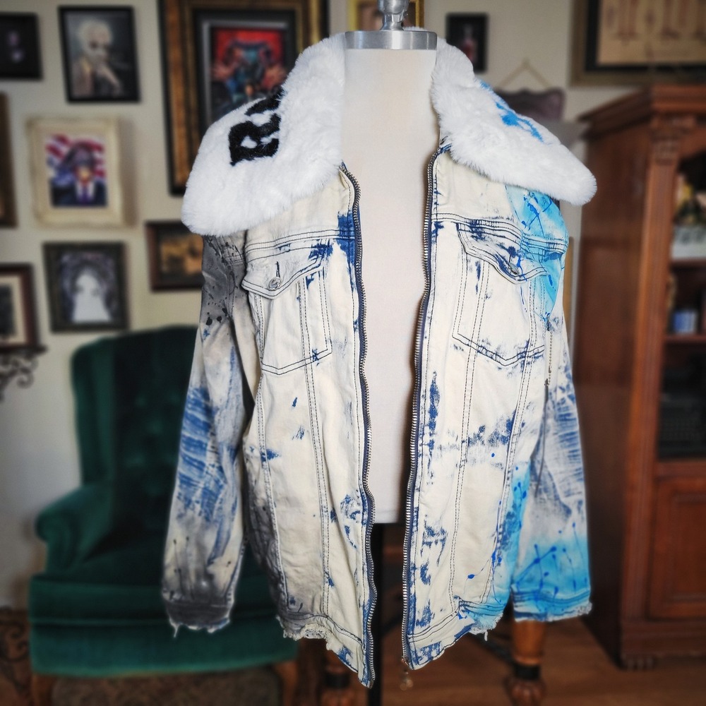 Rockstar Original Denim Jacket XL Blue Paint Splatter Faux Fur Collar NWT Mens